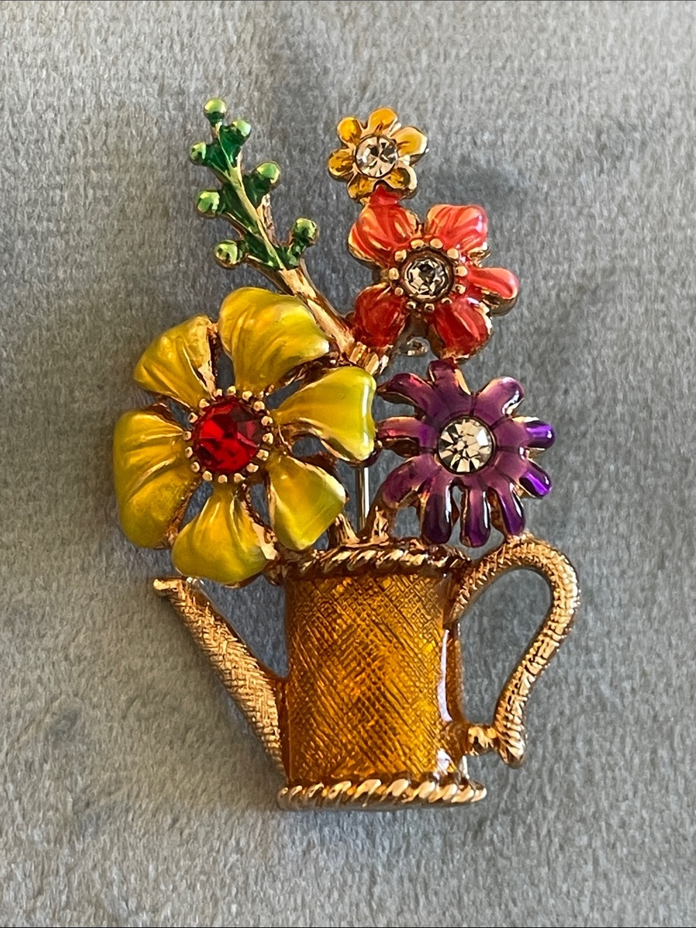 Vintage-Inspired Floral Watering Can Brooch - Yellow, Purple, Red, Orange, Green
